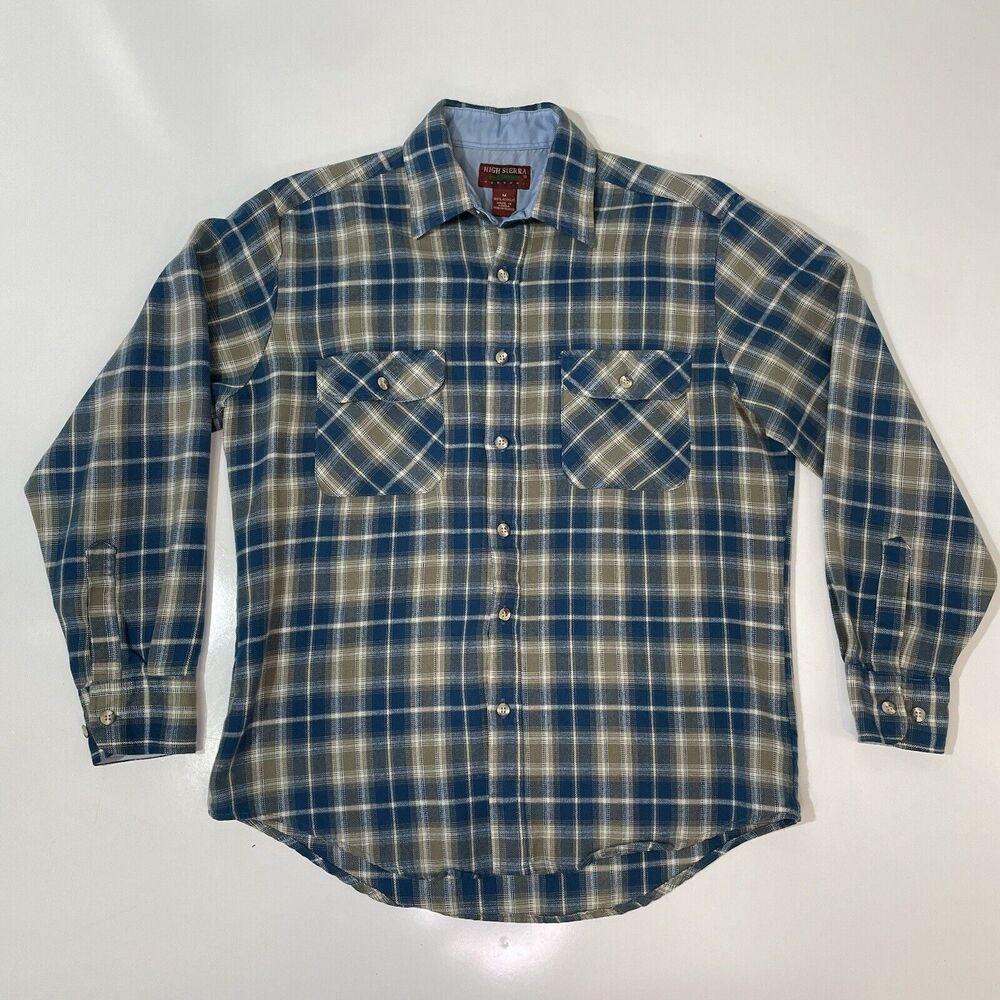 VTG High Sierra By Mervyns Men’s Flannel Plaid Shirt Beige Teal Blue Check Sz M